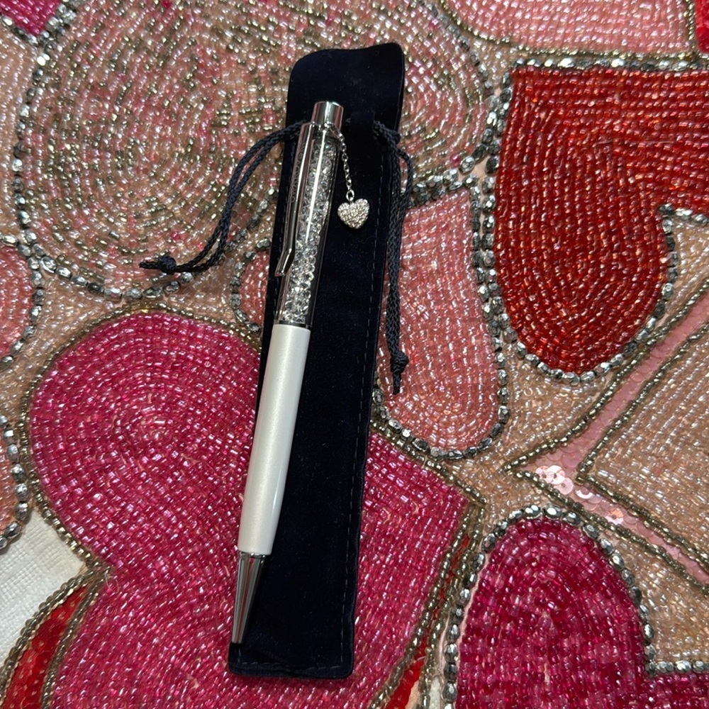 Swarovski rhinestones heart charm black pen white silver  ball point